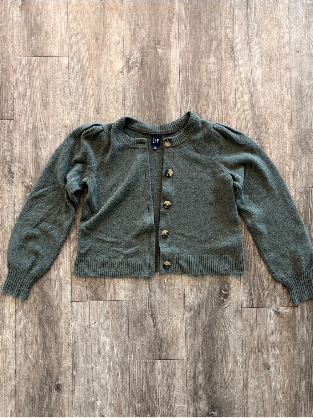 GAP Kids Olive Green Button-Up Cardigan with Puff Shoulders